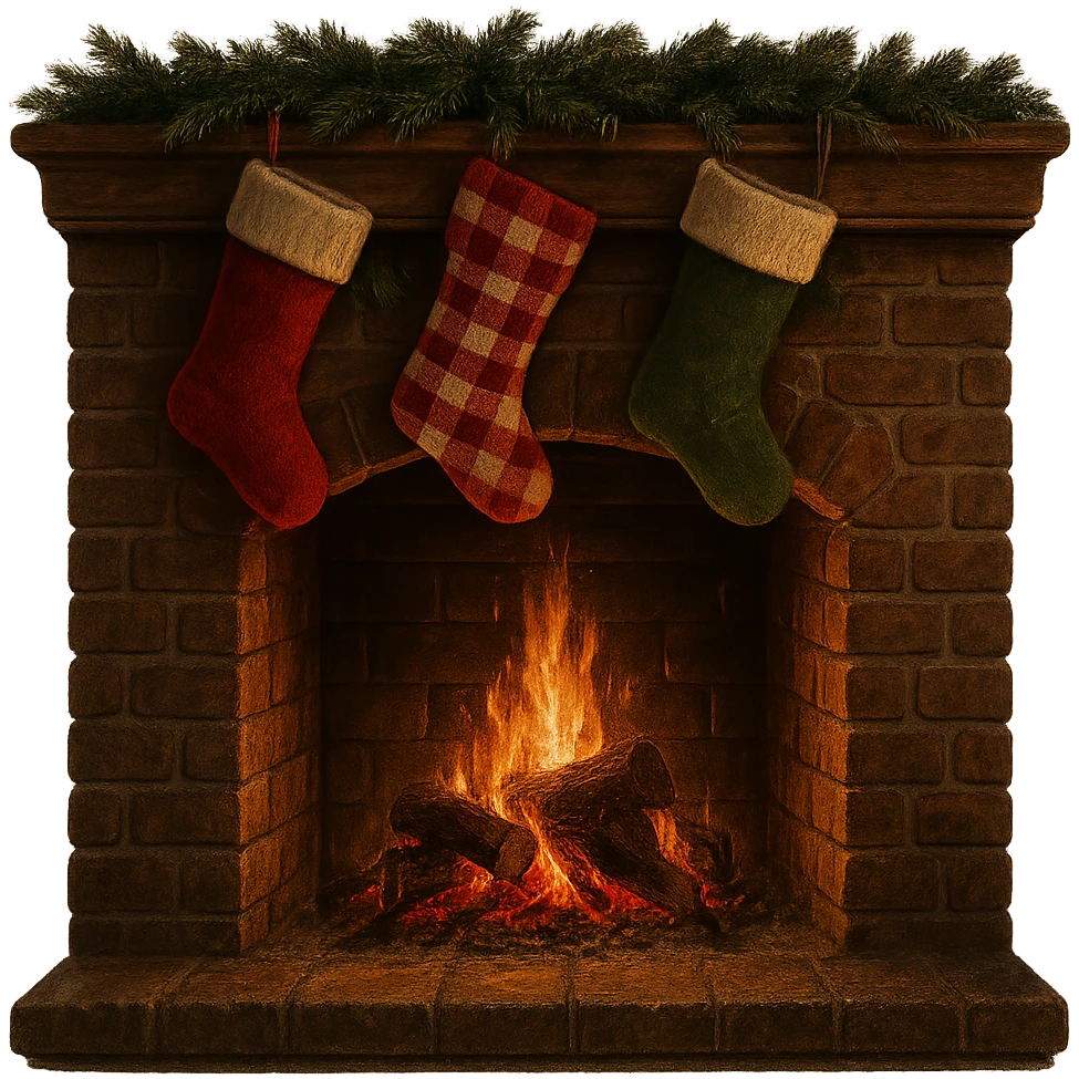 cozy fireplace with stockings, festive and warm emoji