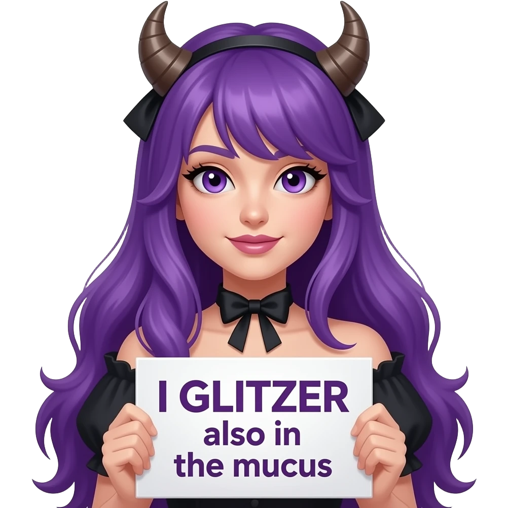 sexy girl with long purple hair and purple eyes wearing a halloween dress holding a ICH GLITZER auch im SCHLAMM sign emoji