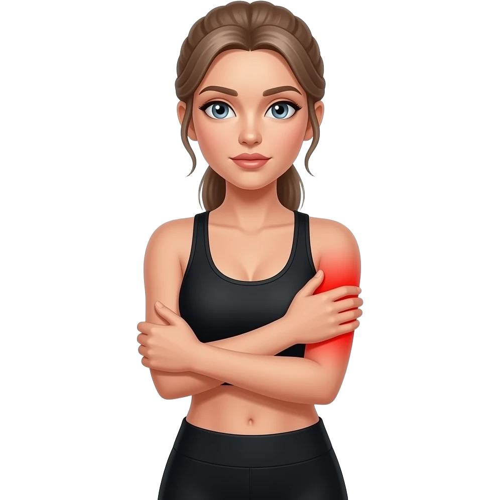 arm pain, full red glow covering both arms from shoulders to hands, woman holding one arm, fair-skinned woman, gray-blue eyes, ash brown brows, ash light brown hair tied back, slim athletic body, black workout set emoji