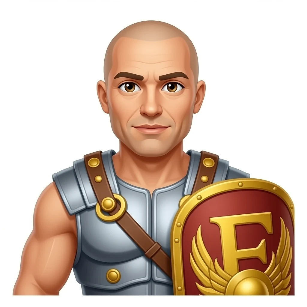 Muscular Roman soldier bald with brown eyes the Letter E on the shield bedroom emoji