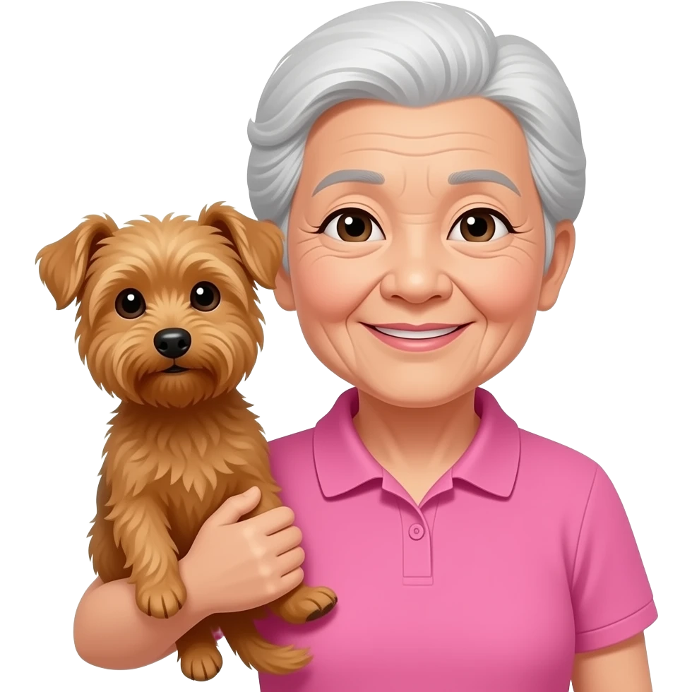 Asian grandma wearing pink polo shirt with short white hair carrying brown terrier emoji