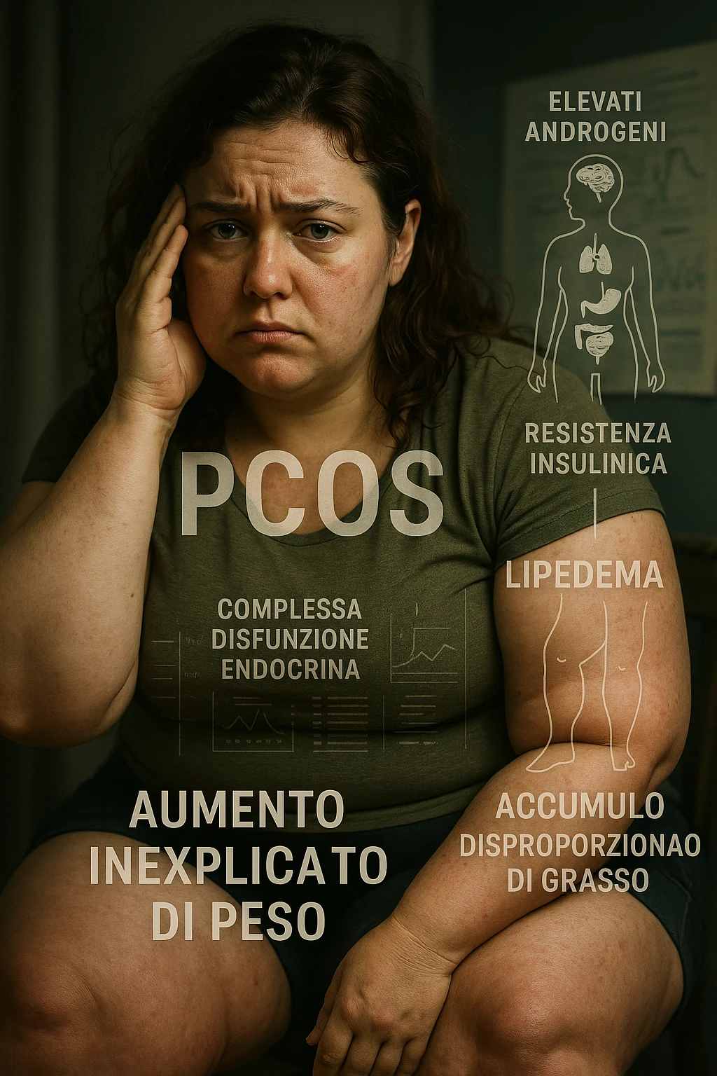 cinematic realistic Woman with PCOS struggling with hormonal chaos, transparent overlay showing elevated androgens and insulin resistance affecting her body, lipedema causing disproportionate fat accumulation in legs and arms despite normal torso, expression of frustration with unexplained weight gain, medical charts showing complex endocrine dysfunction, painful swollen limbs contrasting with metabolic confusion scrivi i testi in italiano emoji