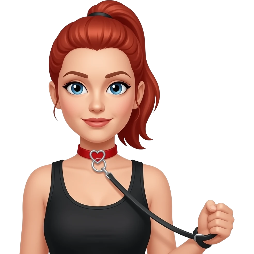 red hair in ponytail blue eyed woman in her 30's in red collar and leash, black tank top, leash being held with the end of the leash out of frame seemingly by someone else heart shaped "o" ring in centre front of collar emoji