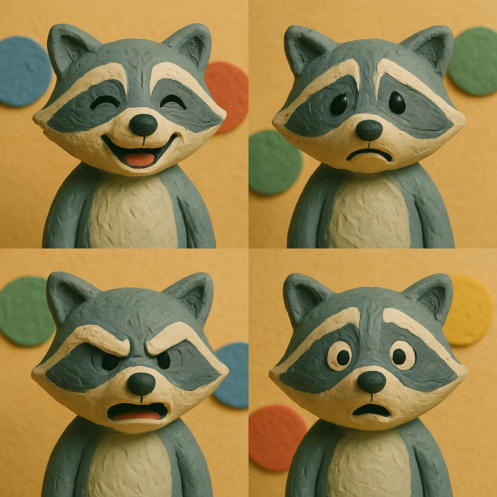 A set of emotions featuring a painted raccoon emoji