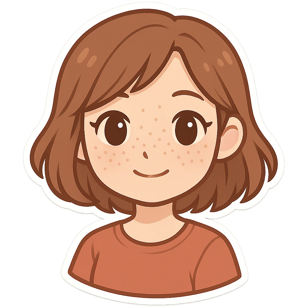 portrait of white woman with freckles, brown shoulder-length hair, chibi style emoji