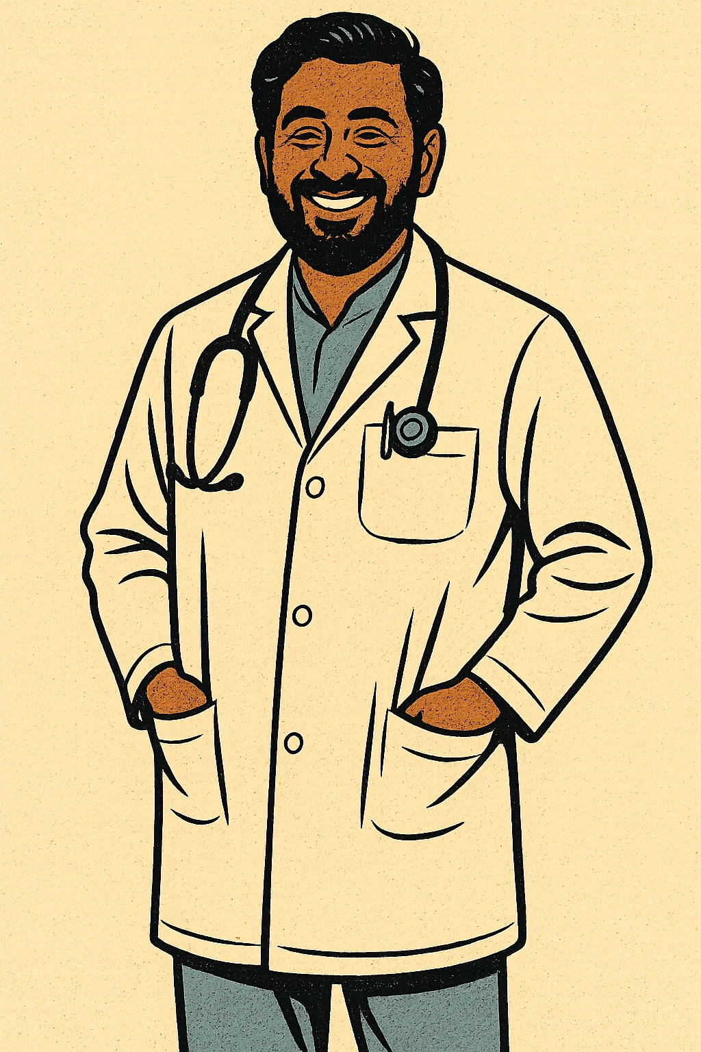 The full body of a male Indian doctor who works as a GP standing with his hands in his pockets and looking happy.  There is a stethoscope around his neck emoji