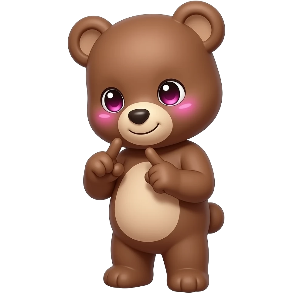 A brown teddy bear half body looking sideways as a male bear, he shy and looking down. He is also touching his index finger with each and pink glow under eyes just like an anime character. He is also slightly smiling. emoji
