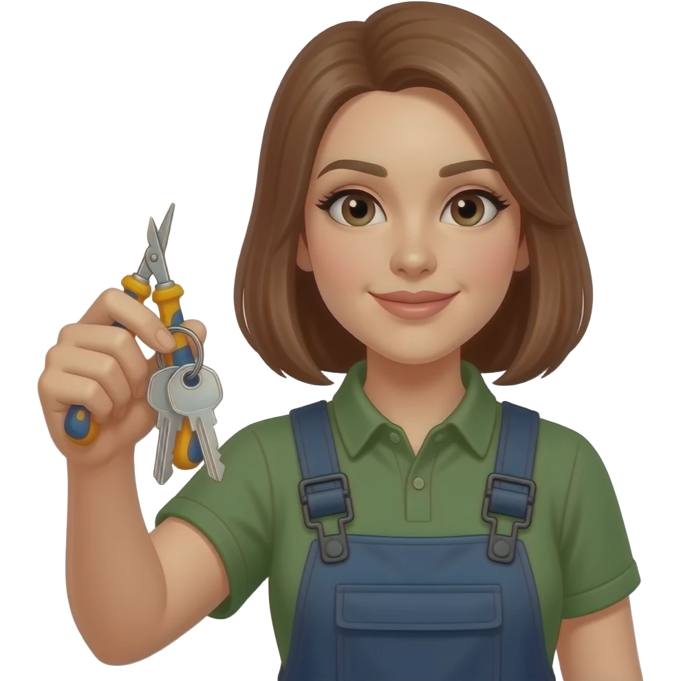 female Locksmith with tools in hand, keys closeup emoji