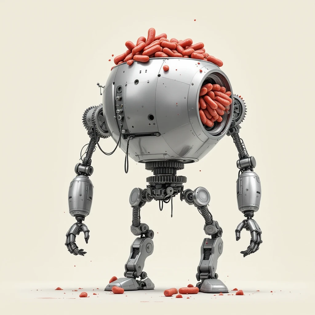 a robot that has a large meat grinder for a head. its exposed cutting gears are all along the top of its body . 2 arms that stuff meat into its spinning meat grinder gears and sausage links come out of the rear. The robot hovers.  emoji