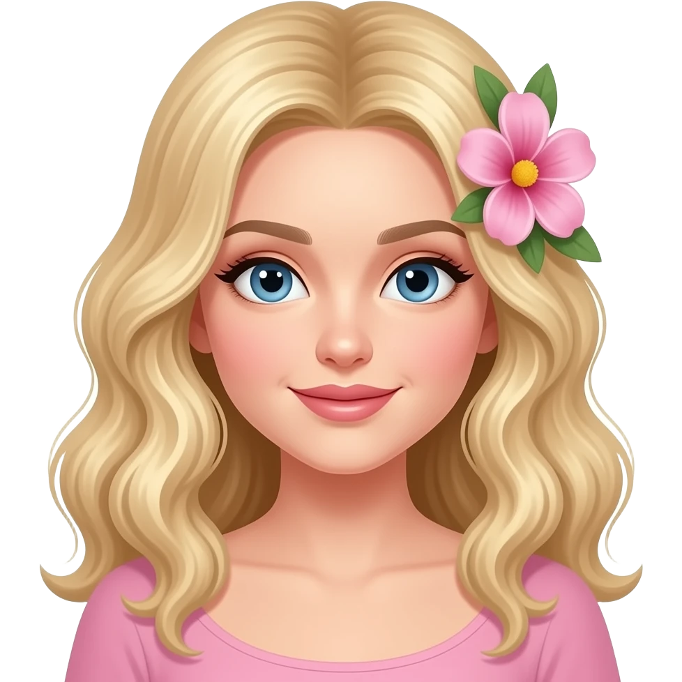 woman with blue eyes and blonde long curls with pink flower in hair emoji