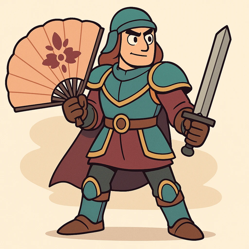 a CNFans warrior, holding a large decorative fan as a shield, stylized armor, confident stance, modern cartoon style emoji
