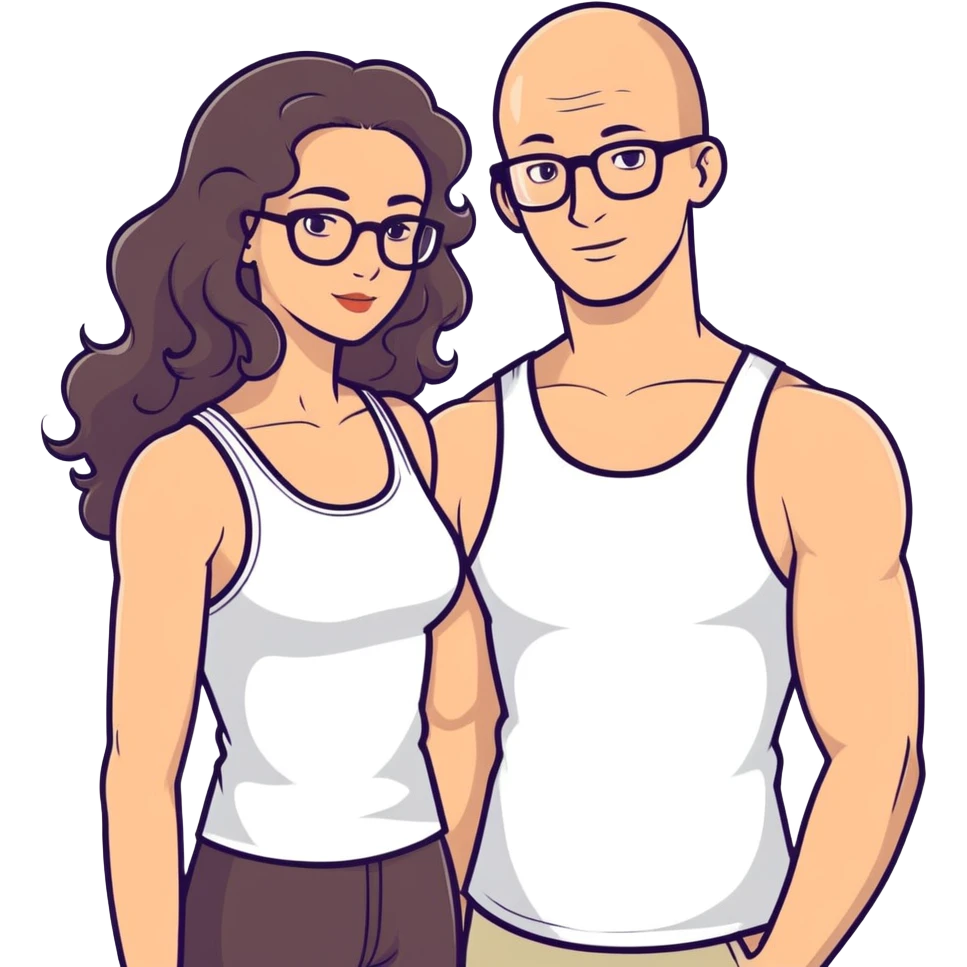 caucasian bald man with glasses and caucasian woman wearing no glasses, long curly dark hair and massive boobs and a tank top emoji