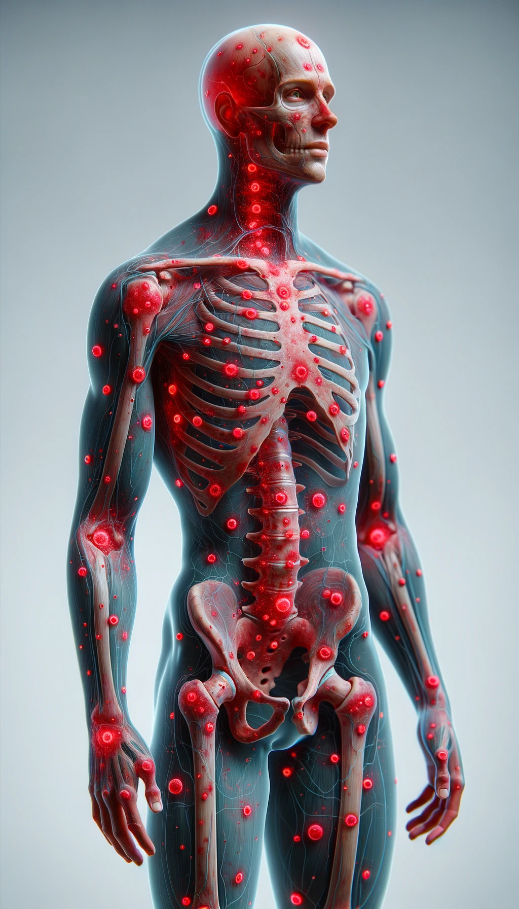 CORPO UMANO ANATOMICO CON RED SPOT DI INFIAMMAZIONE SPARSI SUL CORPO, SFONDO CHIARO, iperrealistico 4k emoji