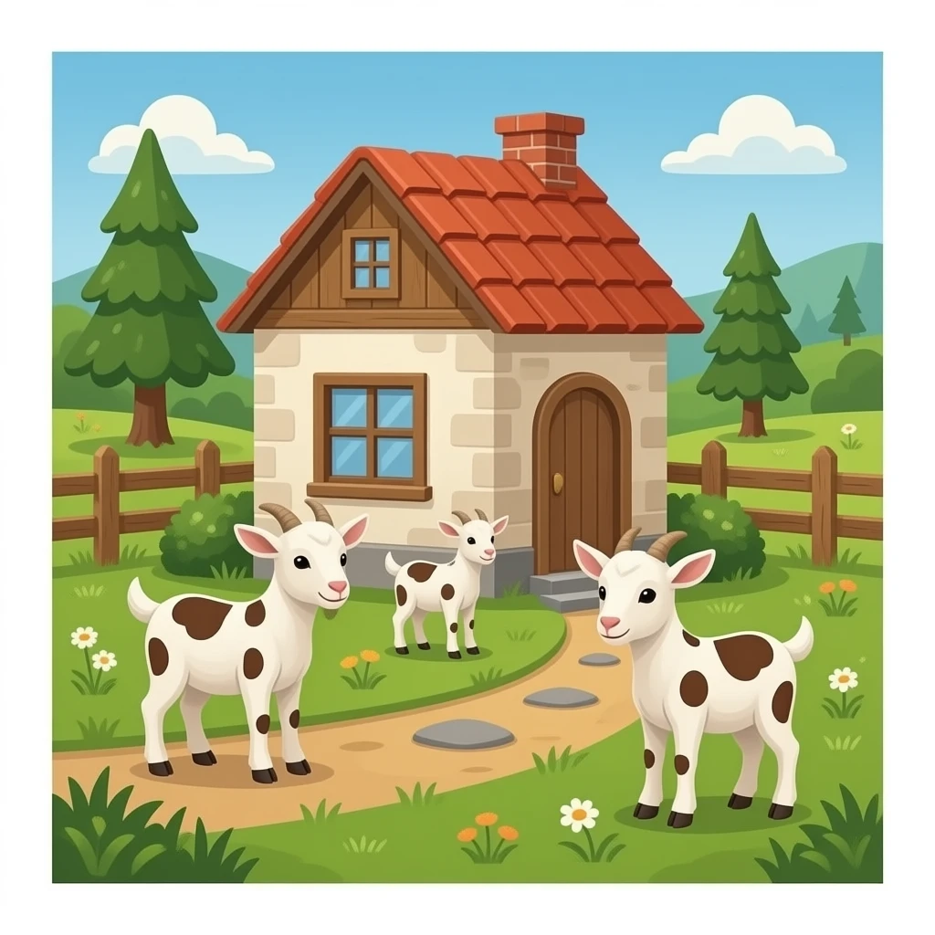 hazme la parte de dentro de una casa, la casa tiene que ser rustica. Pon algunas (2 o 3) cabra pequeña con manchas marrones dentro de la casa. emoji