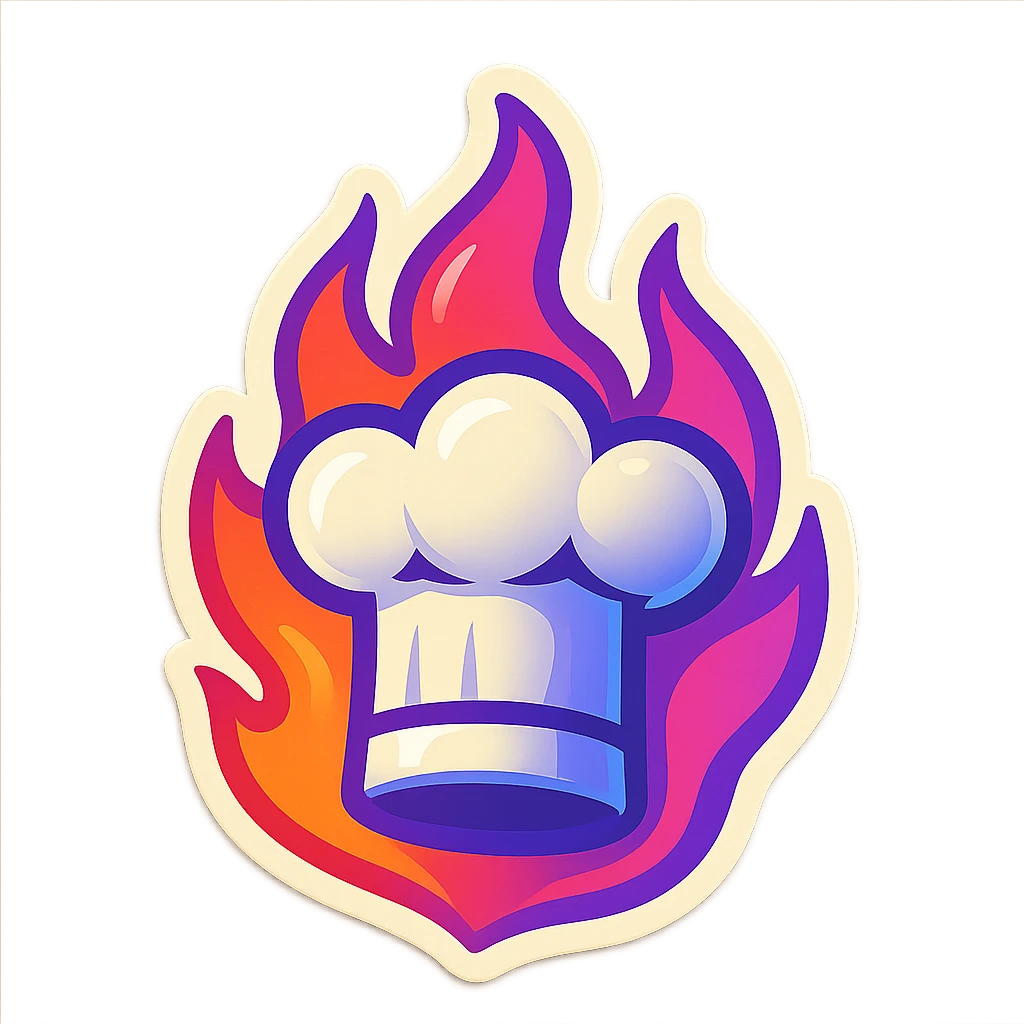 chef's hat in fire emoji, playful and modern with gradient FF4D67, 9D34FF, 10B981 gradient, vibrant, transparent background emoji