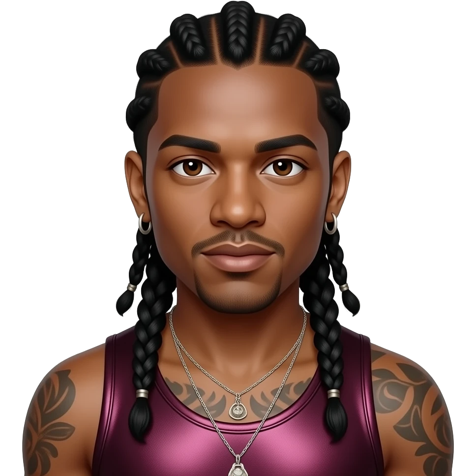 Omarion from B2K with dark brown eyes, long black braids, dark red metallic tank top, necklace and earrings emoji