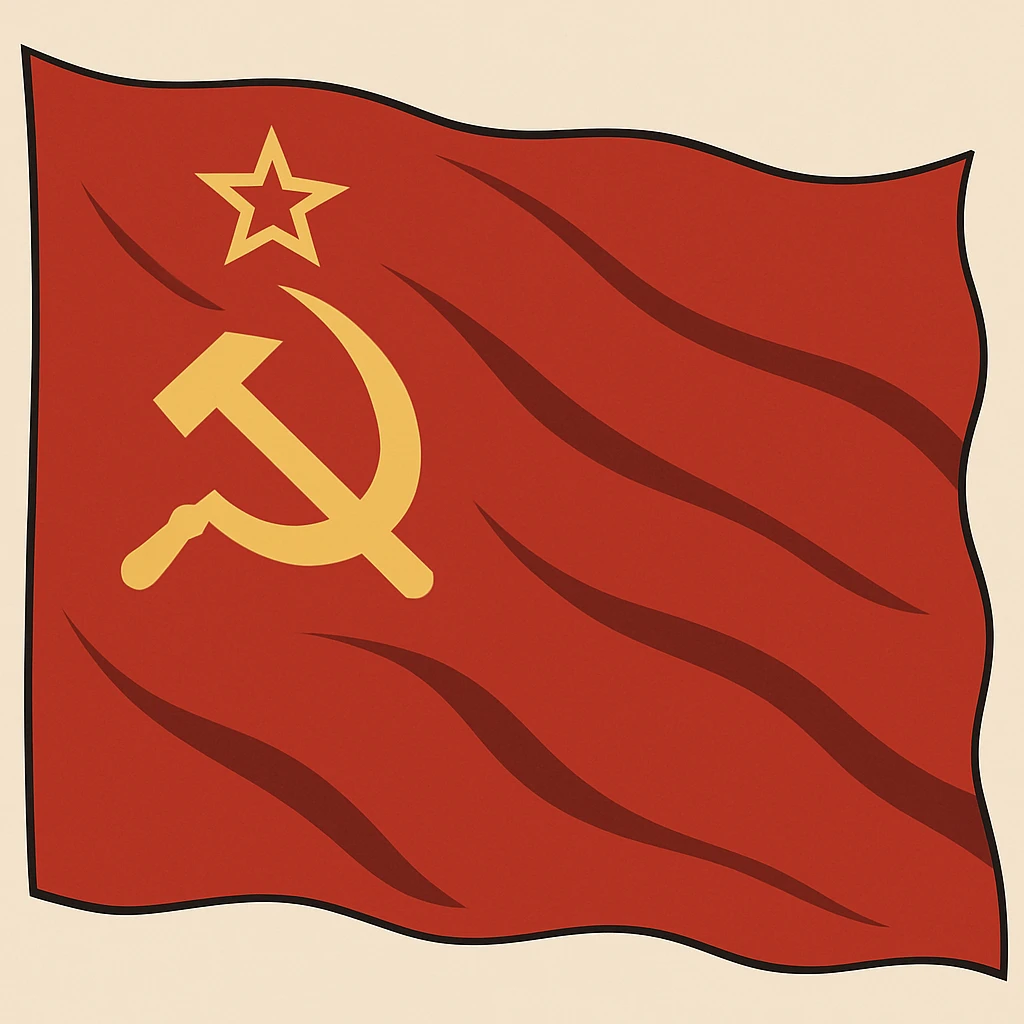 Add a realistic waving effect to the Soviet Union flag, keeping the red background and gold hammer, sickle, and star, in the same flat style. Maintain the flat style look while introducing the waving effect realistically. emoji