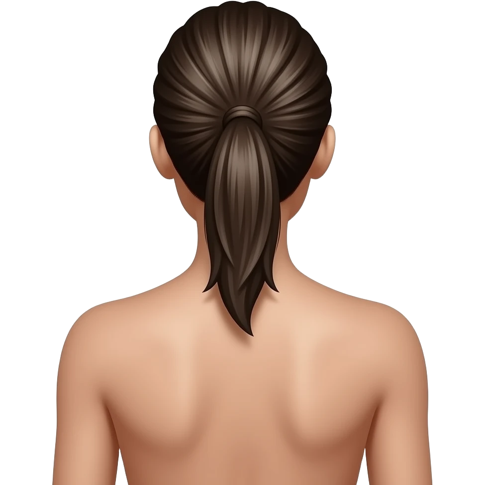 Back view of a woman with bare upper back, hair tied in a low ponytail, smooth natural skin with minimal blemishes, visible shoulder blades and spine definition, neutral posture, soft natural lighting emoji