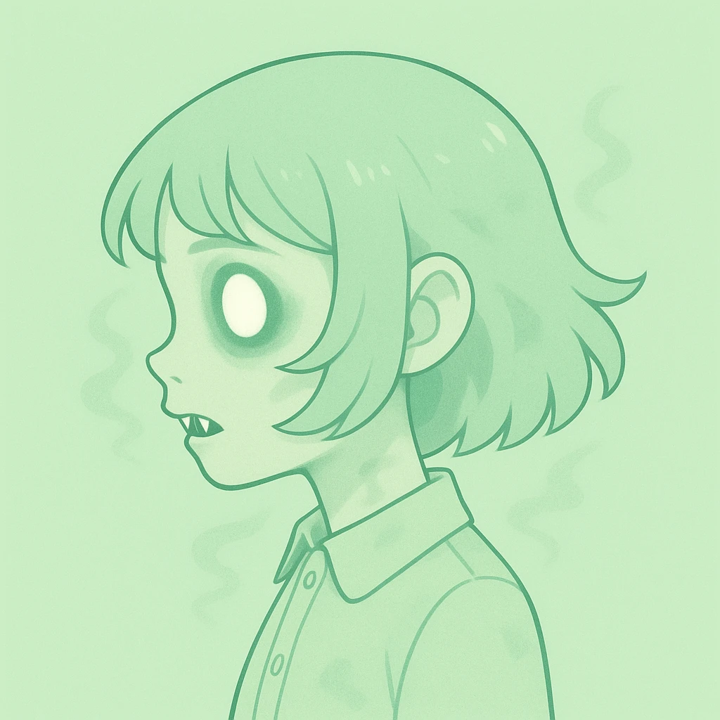 Make the pastel horror profile picture scarier and use a light green pastel color palette, keep it cute, expressive, and minimal, in the style of imagen-4-fast-KaUtLiSA10F style. emoji