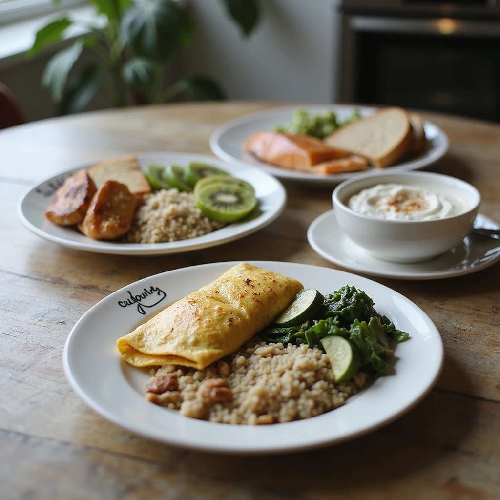 hyperrealistic 4K table with separate plates for 2000 calorie diet: breakfast with omelette, whole grain bread, kiwi; lunch with chicken, quinoa, zucchini; dinner with salmon, basmati rice, spinach; snacks with yogurt, nuts, apple. Plates labeled with calories, modern kitchen atmosphere emoji