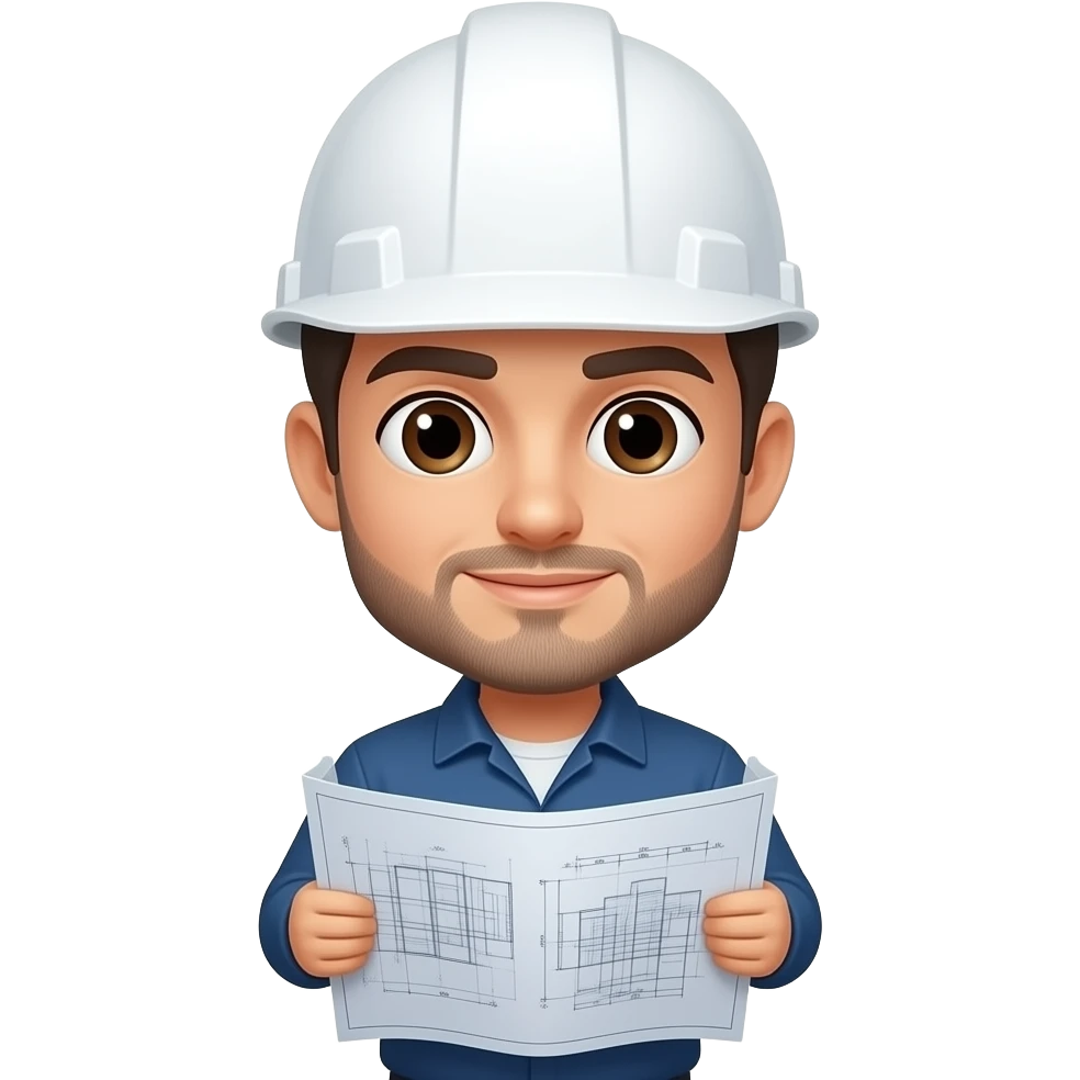 Ingeniero, morenito, casco blanco, con poquita barba, ojos cafe, y sosteniendo planos emoji