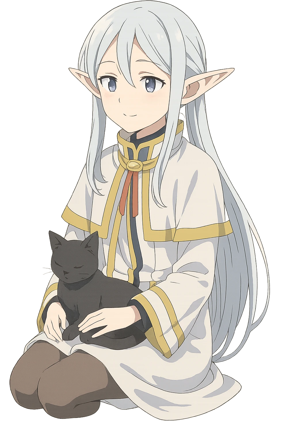 Frieren from Frieren: Beyond Journey's End, sitting with a black cat on her lap, anime style, soft colors emoji