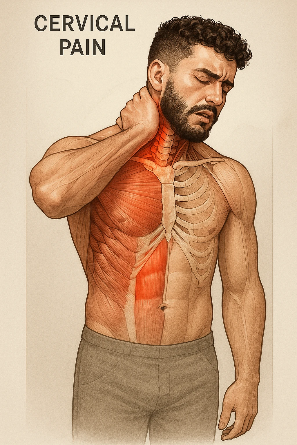 Uomo con dolore per infortunio vista anatomica in piedi con dolori cervicali emoji