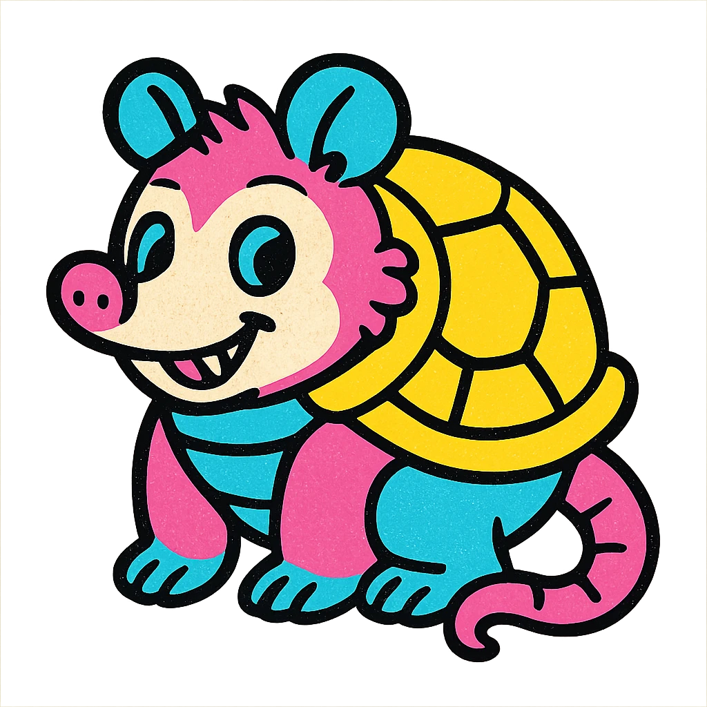 cute cartoon possum dressed up like a turtle, sticker style, transparent background emoji