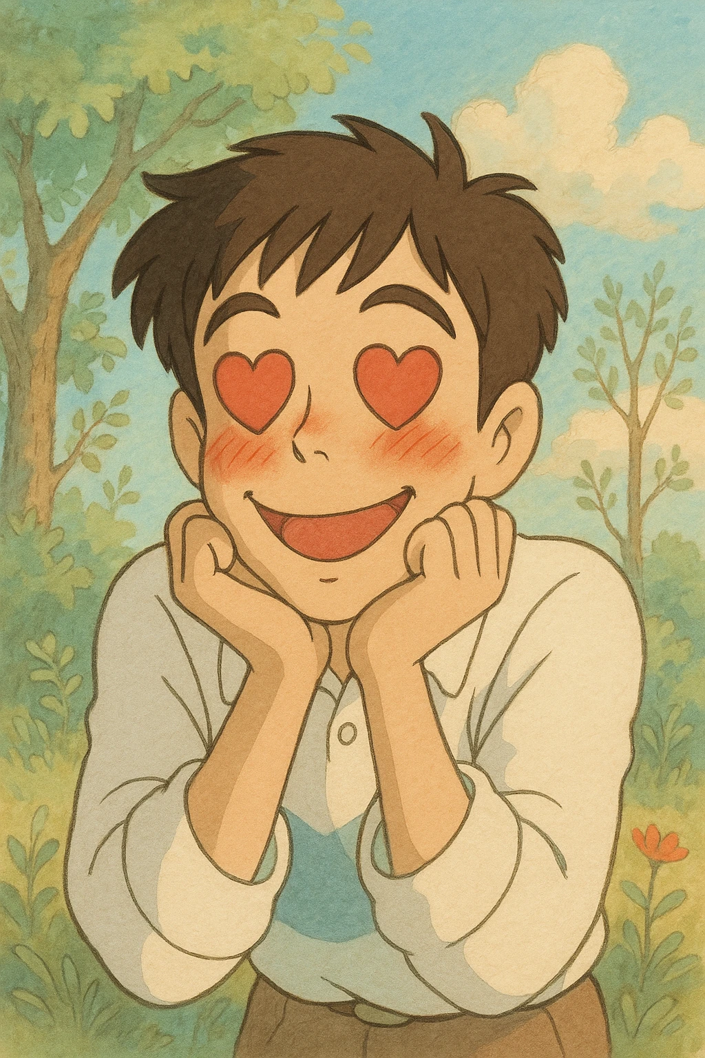 cartoon man with heart eyes, blushing with love, ghibli style emoji