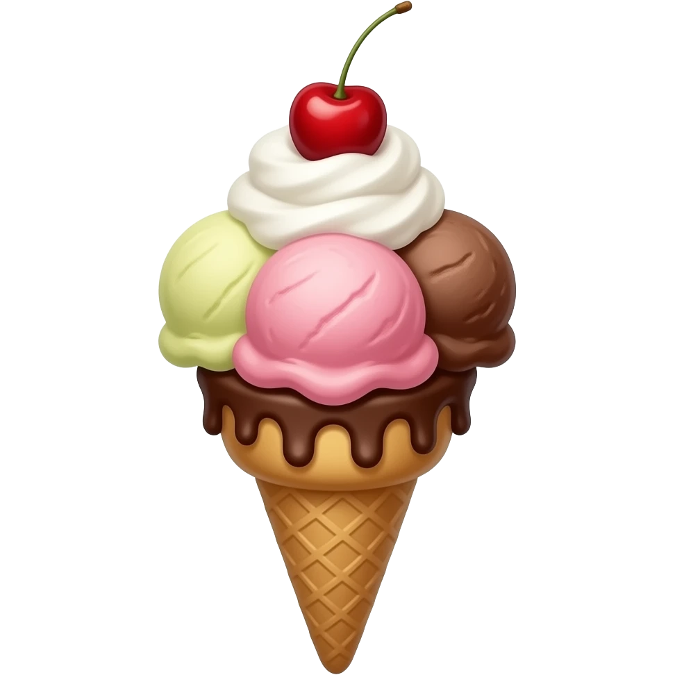 Triple scoop ice cream with a chocolate cone with whipped cream and a cherry on top emoji