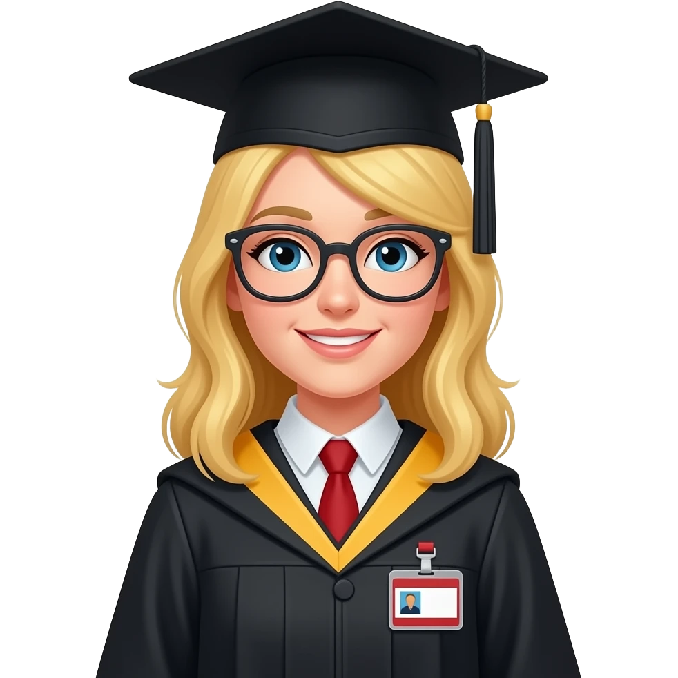 identification badge emoji, doctoral student, blonde girl picture on id badge emoji