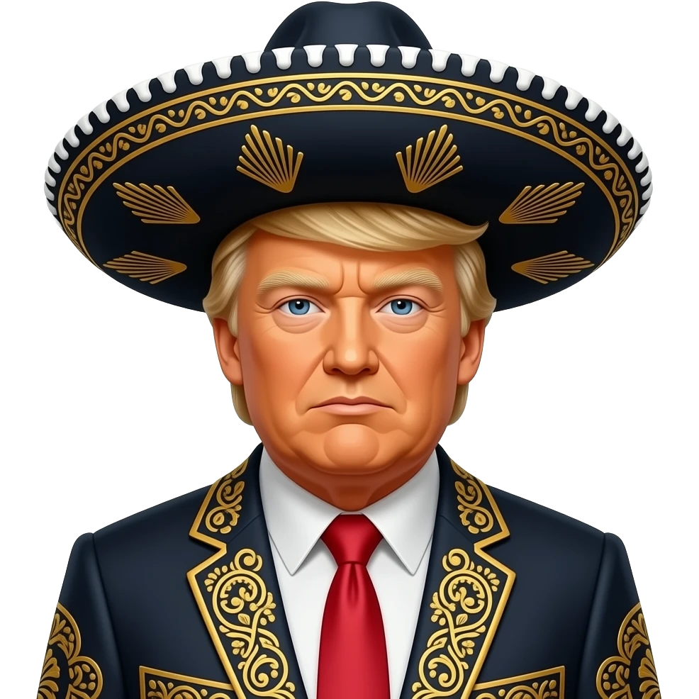 Be A very Orangish, media stereotypical Donald Trump in the Apple IOS simple style, wearing Stereotypical and ornate Mexican clothing And hat emoji