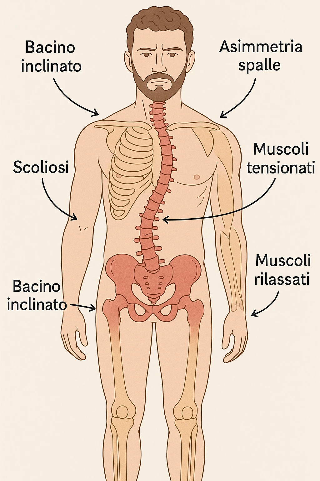 Uomo con problemi di asimmetrie e bacino inclinato, visione anatomica in italiano emoji