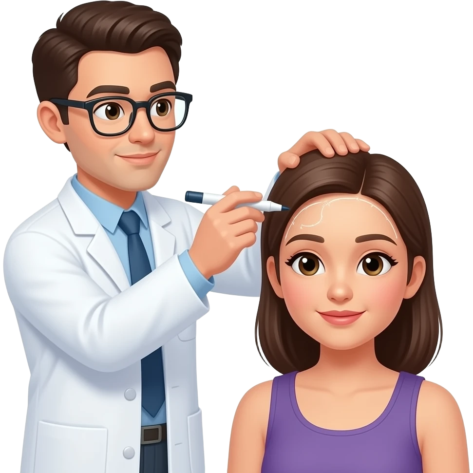 Hair transplant doctor with skin marker and patient sitting and waiting hairline desing.Make patient head bold and there must be line.Doctor shouldnt wear glasses and white jacket emoji