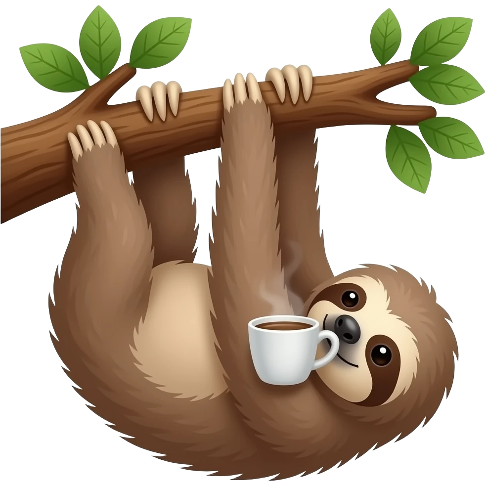 hanging sloth with long limbs big tree drink morning coffee emoji