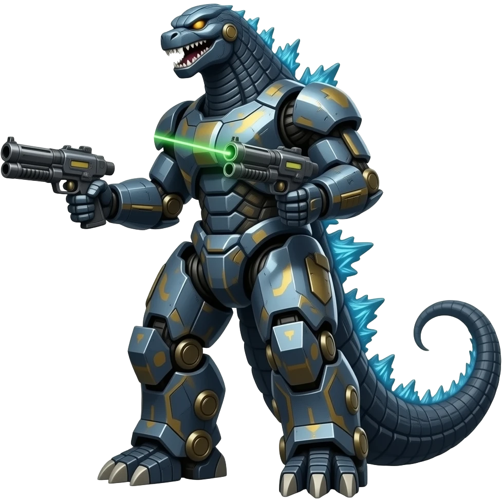 Make a giant very scary robot that’s tall with laser blasters mixed with mecha godzilla emoji