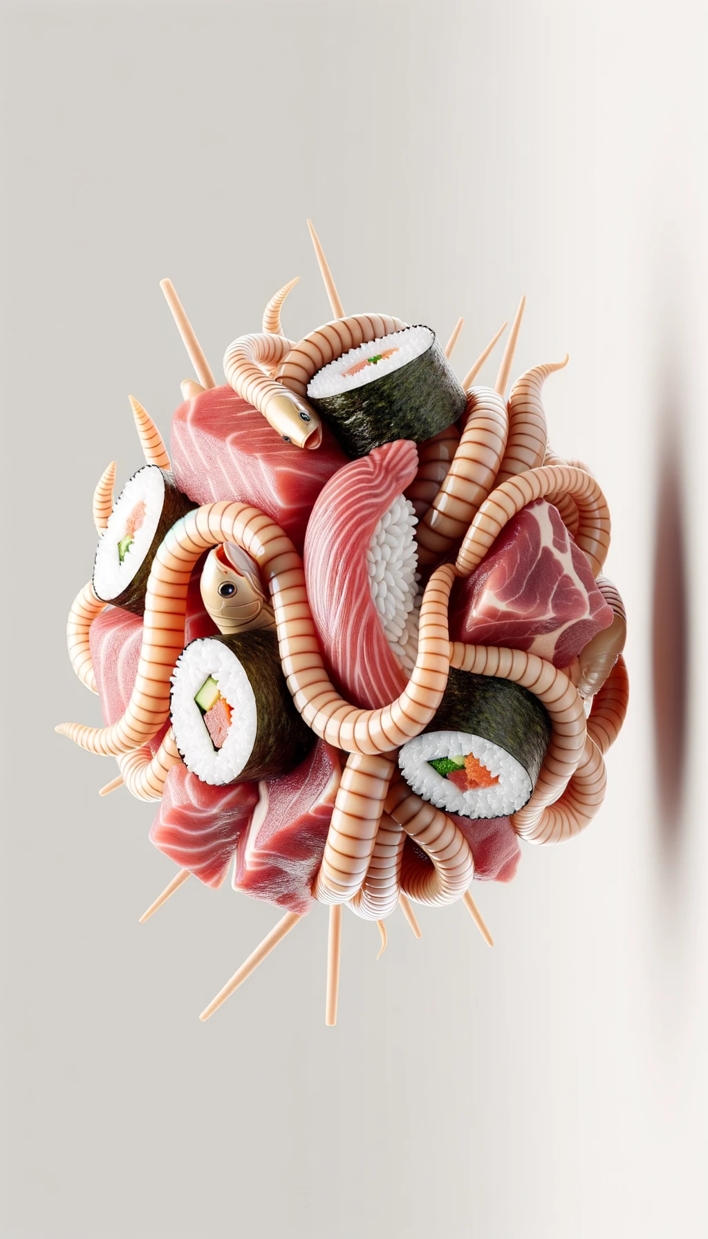 carne cruda fluttua insieme a sushi, intorno a loro fluttuano vermi lunghi e beige chiaro, sfondo neutro chiaro, iperrealistico 4k emoji