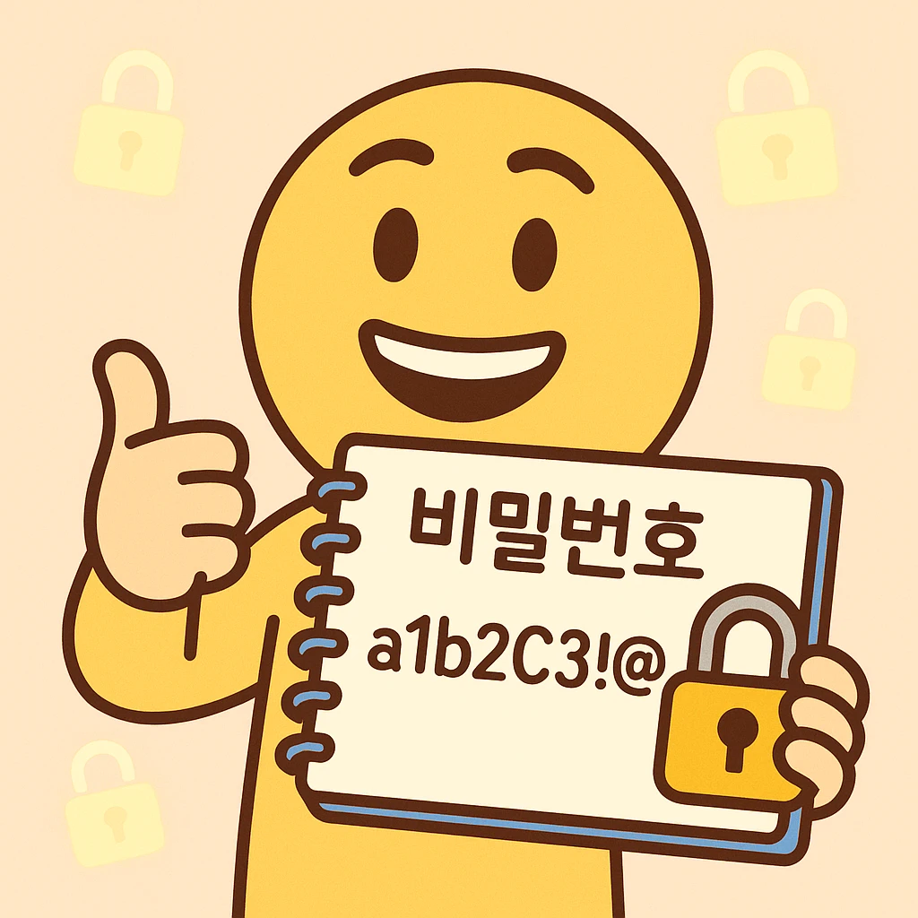 friendly cartoon emoticon character holding a notebook with Korean text '비밀번호', strong password 'a1b2C3!@#', secure lock icon, character giving confident thumbs-up, multiple smaller glowing lock icons in the pastel background, flat design, simple, bright colors, isolated on light pastel background, 360x360px, PNG format emoji