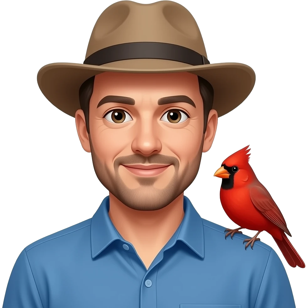 a man waring a hat and wear blue shirt and hold a red bird on right t shoulder emoji