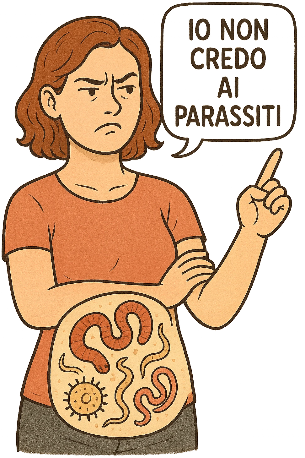 Donna con parassiti nel corpo che dice "Io non credo ai parassiti" emoji