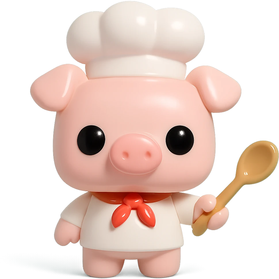 A Funko Pop-style pig chef pointing to the right, wearing a white chef's hat and holding a wooden spoon, cartoonish and cute. emoji