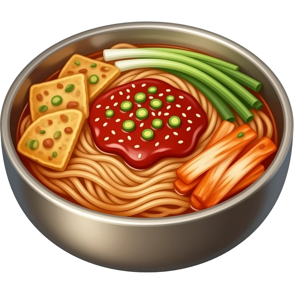 korean spicy bibim noodles with kimchi, red chili sauce, topped with crispy jeon pancake, sesame seeds, green onions, in a metal bowl, warm lighting, realistic food photography emoji