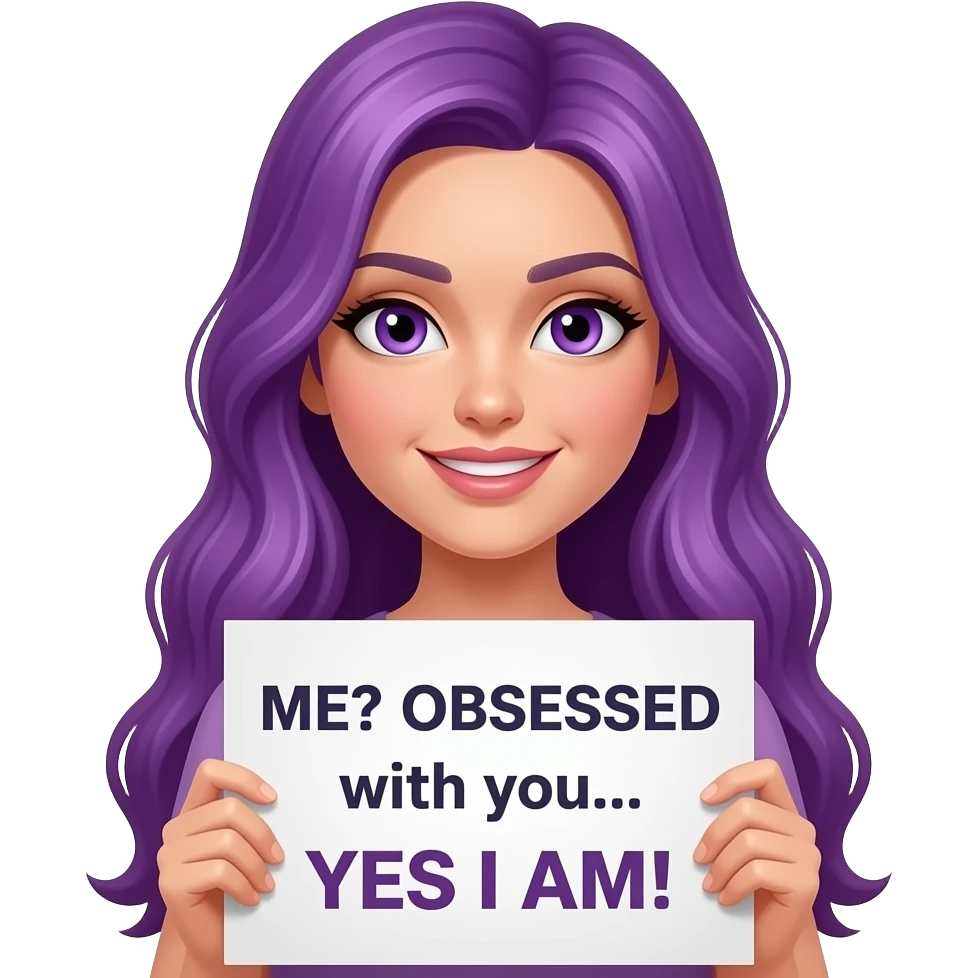 sexy girl with long purple hair and purple eyes holding a ME? OBSESSED with you... YES I AM! sign emoji