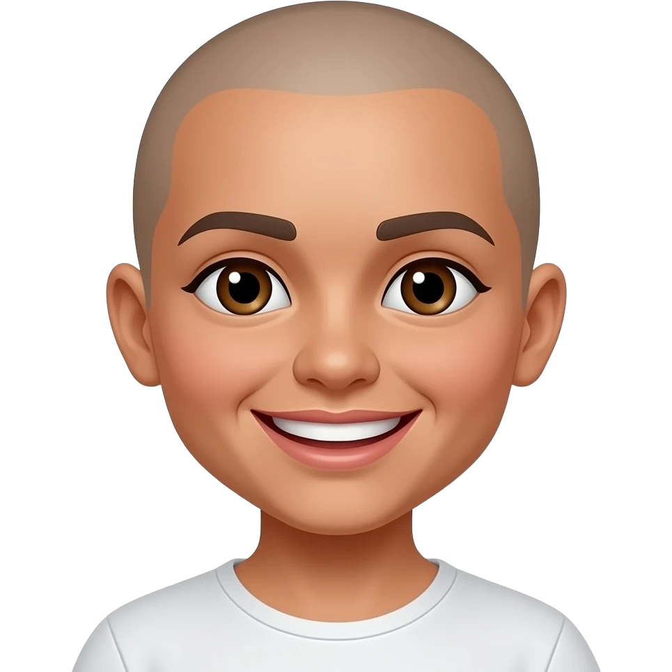 Mexican girl brown eyes whos bald snd and had a wide smile showing both sides of her teeth emoji