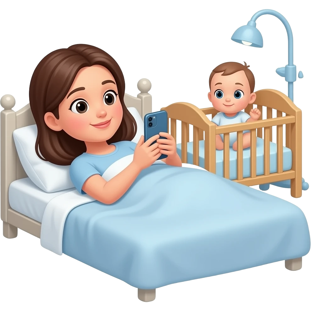 mujer acostada en la cama mirando el celular con un bebe a su lado en cuna emoji