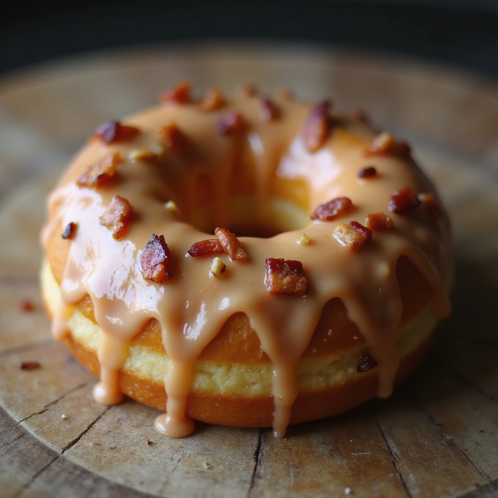 realistic glazed donut, soft lighting, appetizing, maple glaze with bacon bits, on white background emoji