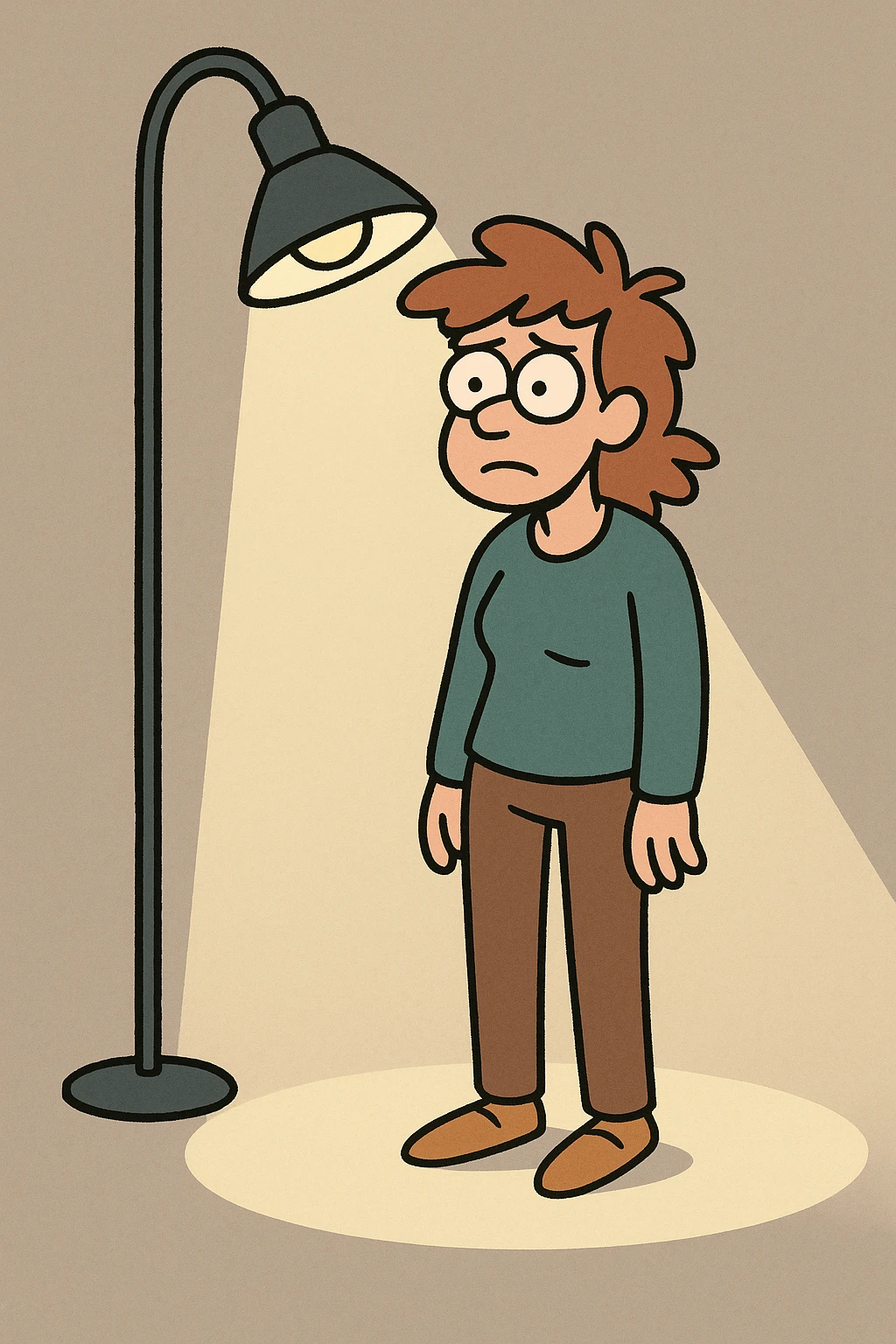 stilisierte Illustration einer stehenden Person, die von einer Lampe angestrahlt wird, sichtbarer Lichtkegel, neutraler Hintergrund emoji
