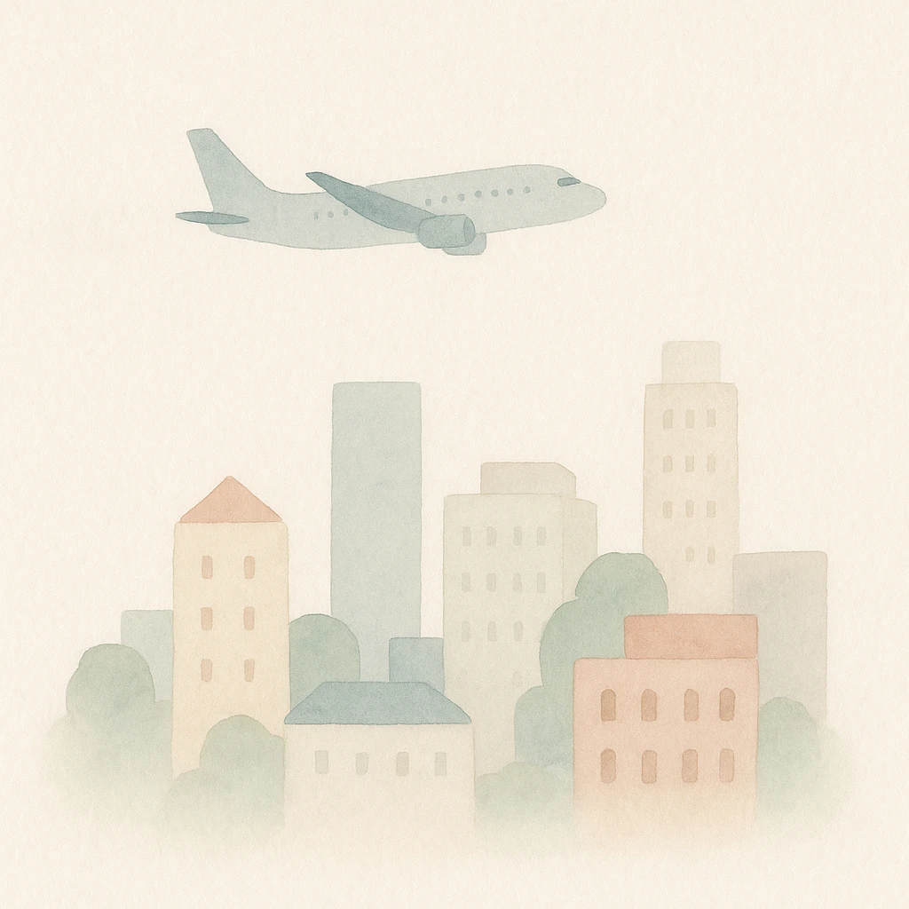 soft watercolor illustration in a minimalist modern style of a plane flying over a city with buildings below, pastel colors, delicate linework, gentle whimsical mood, minimal soft shading emoji