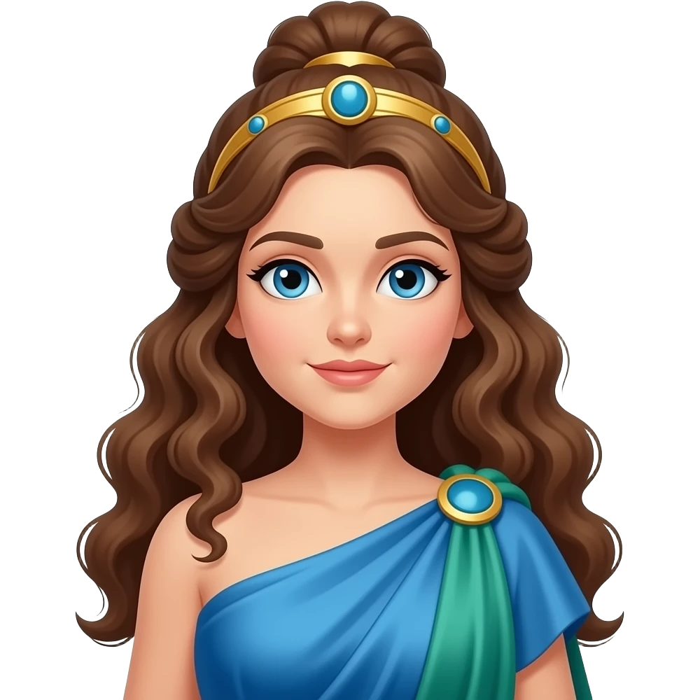 Juno from Roman Mythology with blue eyes, long brown curly updo hair, gold diadem, blue and green draped gown emoji