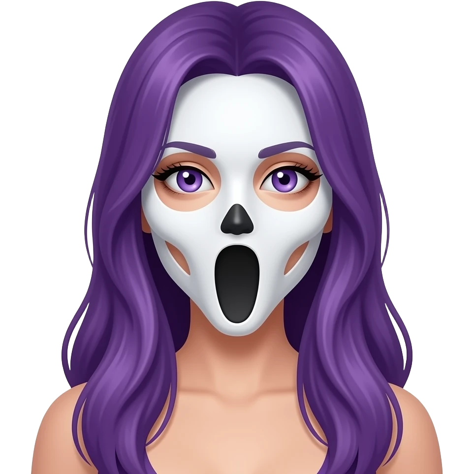 sexy girl with long purple hair and purple eyes wears a ghostfacemask emoji